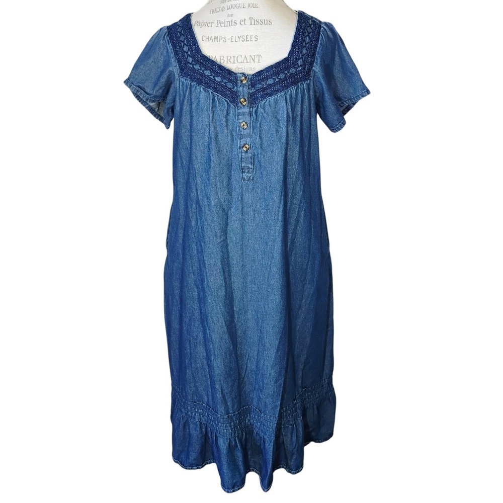 Naqui Denim Chambray House Dress Womens Medium Blue‎ Embroidered Patio Muumuu
